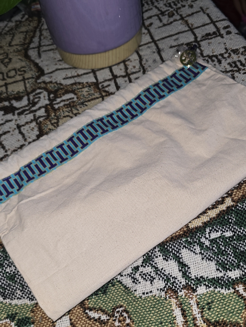 Canvas Pouch with Blue Geometric Trim